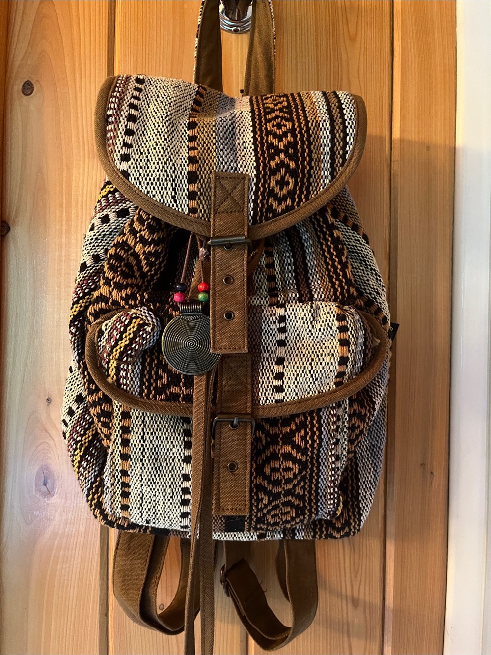 Boho Woven Brown & Cream Pattern Backpack - Unbranded